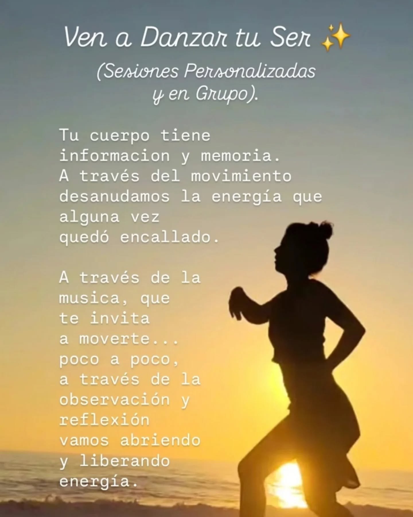 Danza del Ser. 
Es una invitaci&oacute;n a regresar a tu esencia a trav&eacute;s del movimiento, auto observaci&oacute;n, y reflexi&oacute;n. 

El movimiento te permite habitar y transitar nuevas energ&iacute;as, frecuencias que existen en ti que qui