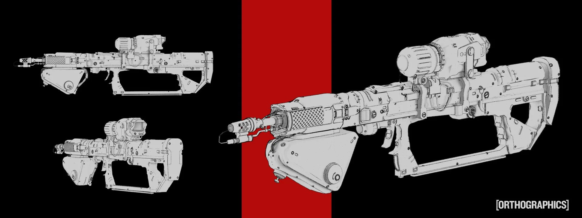 Line drawing of three military-style firearms with a black background and a red vertical stripe.