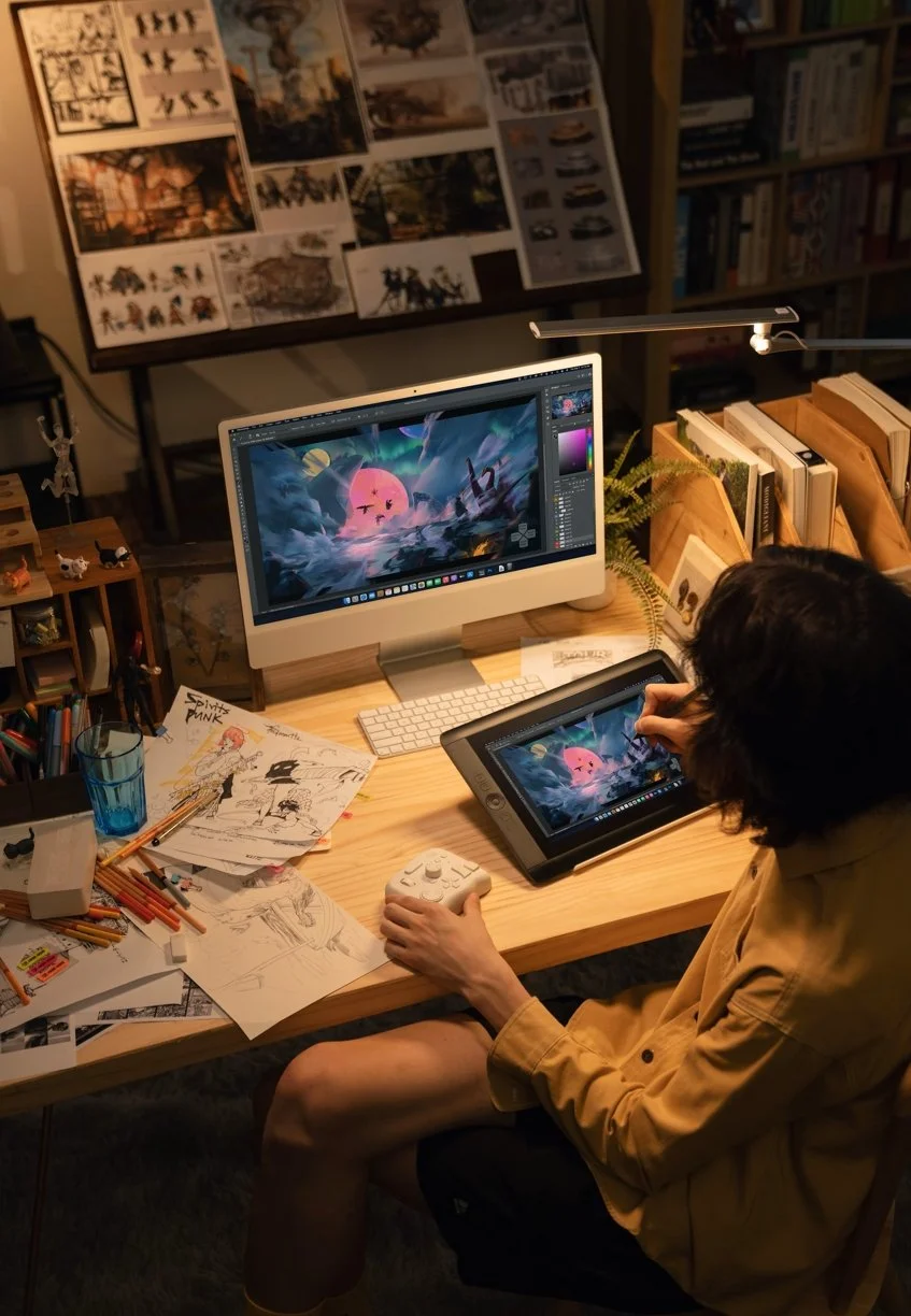 A person working on digital art at a cluttered wooden desk with sketches, colored pencils, and a drawing tablet, with a computer monitor displaying colorful fantasy landscape.