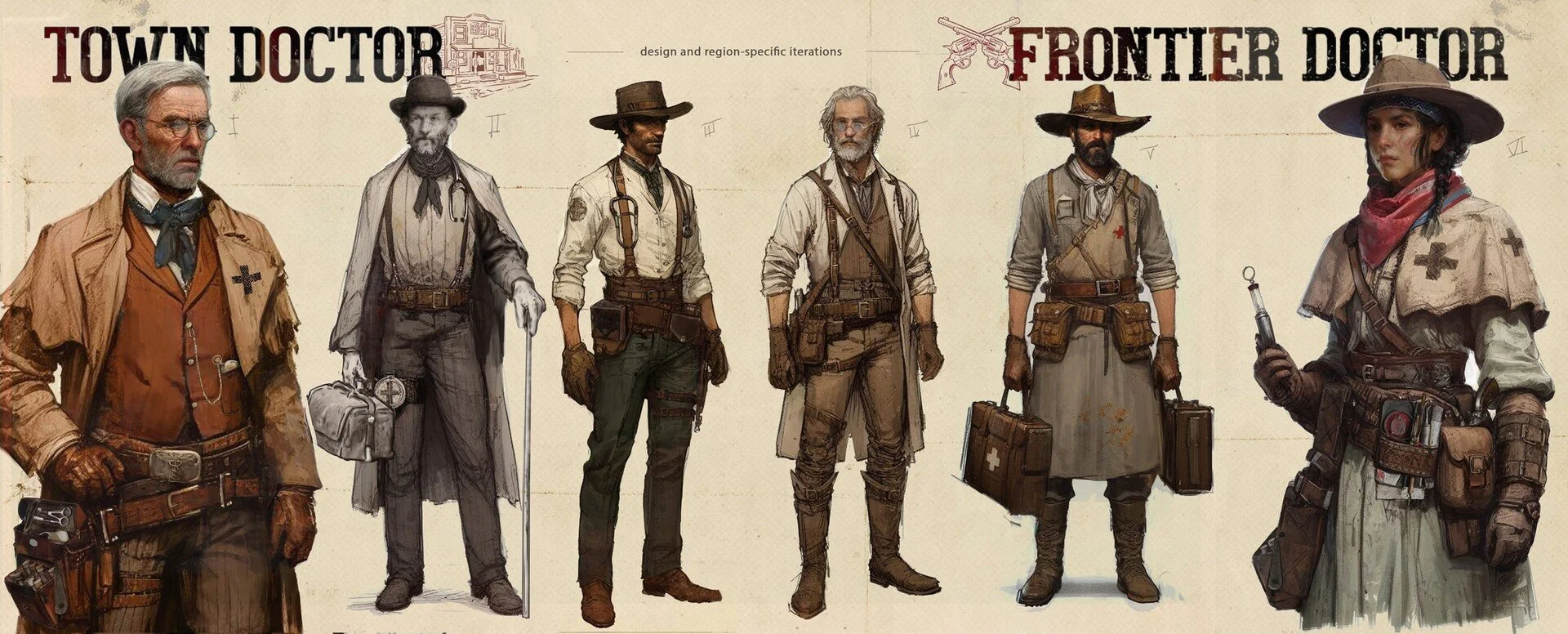 Arrangement of seven characters dressed as doctors from the game 'Town of Salem,' divided into two factions: Town Doctor and Frontier Doctor. The Town Doctors wear more traditional, old-fashioned clothing with accessories like glasses, a cane, and a 