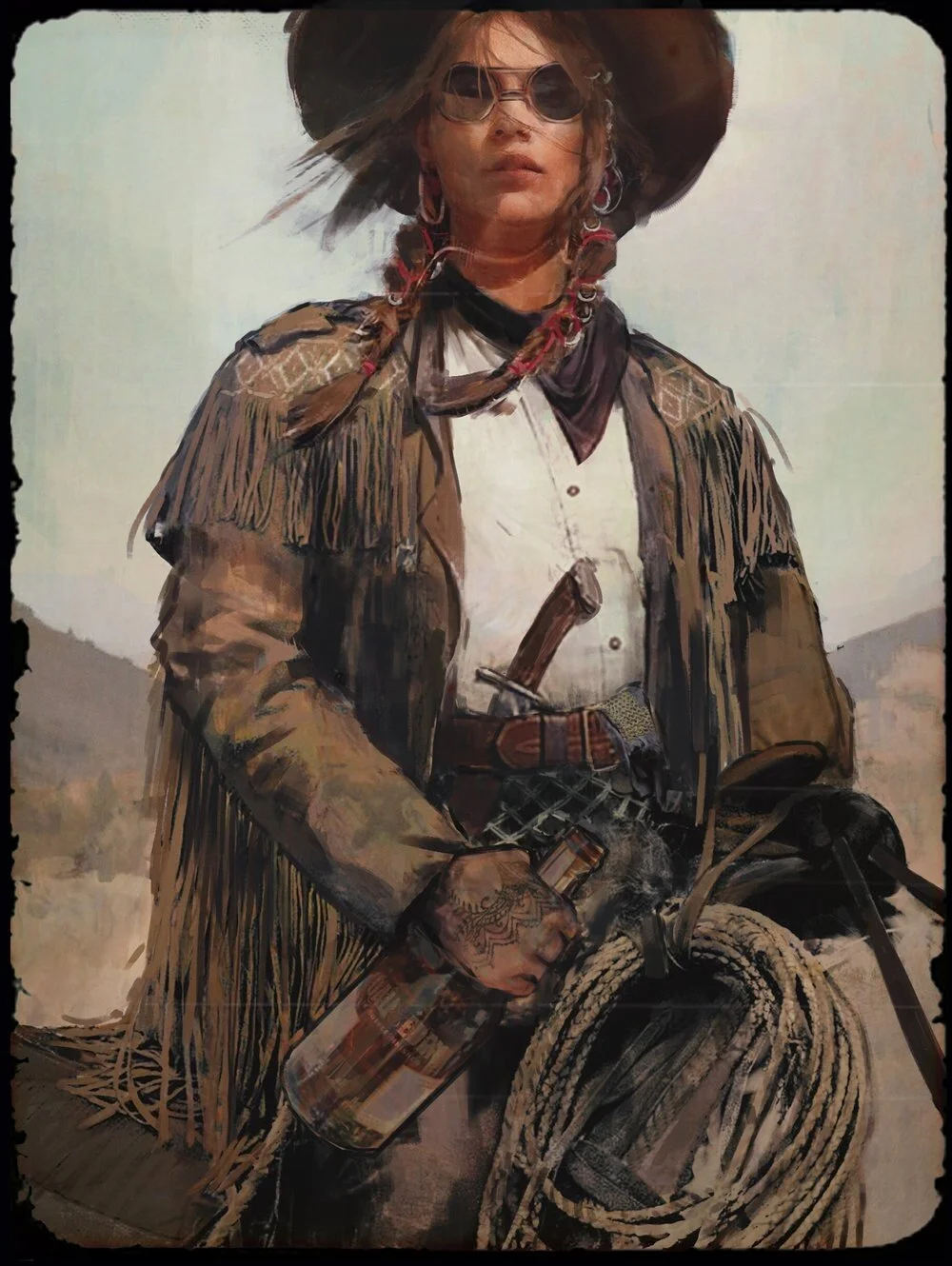 A woman dressed as a cowgirl in a desert landscape, wearing a wide-brimmed hat, glasses, a fringed jacket, and a bandana, holding a whiskey bottle, with a rope coiled on her horse.