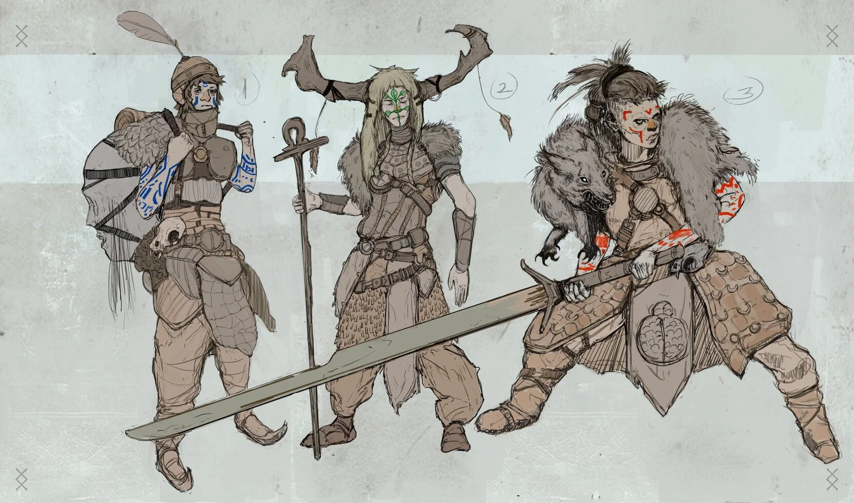 a selection of incredible character design sketches of fantasy warriors that freelance concept artist miguel nogueira crafted for this course, each one featuring different gameplay features, such as warrior and spellcaster, and in a viking age style