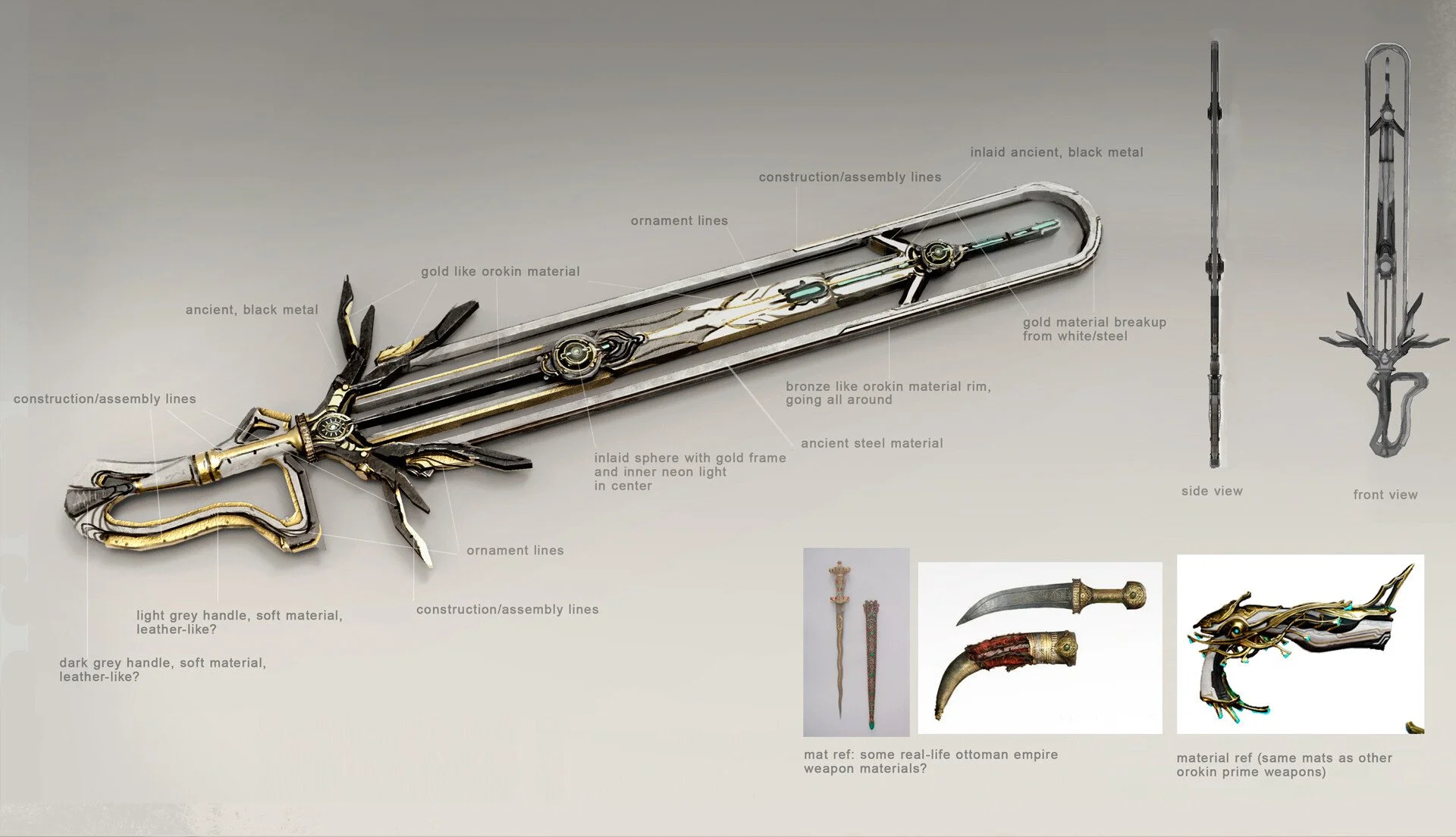 An alien concept art of a great sword, by freelance concept artist Miguel Nogueira, featuring yellow and white colors, giving it a sense of nobility and refinement.