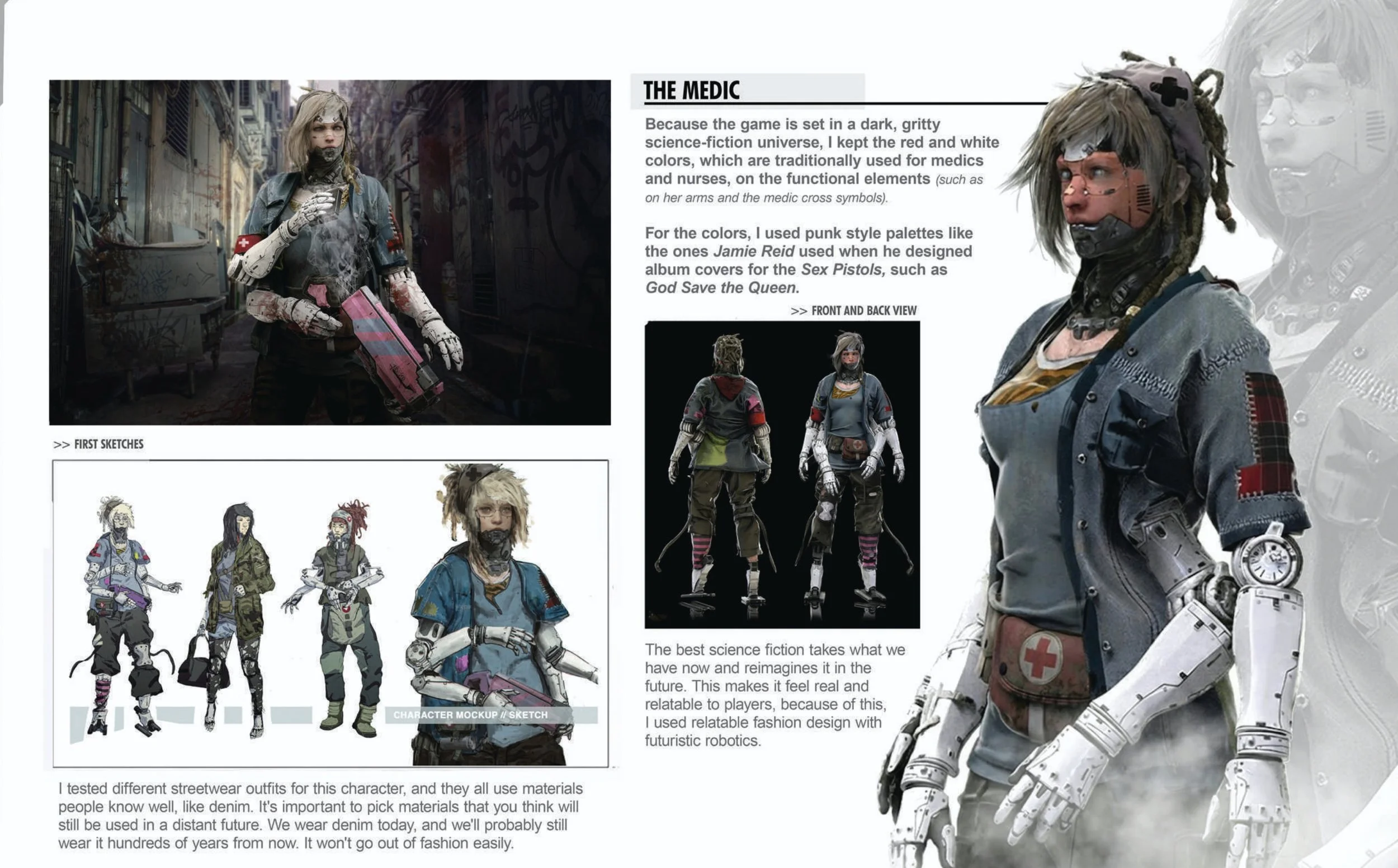 another page of the free ebook, showcasing a medic character design, with insights, sketches, and robot arms.