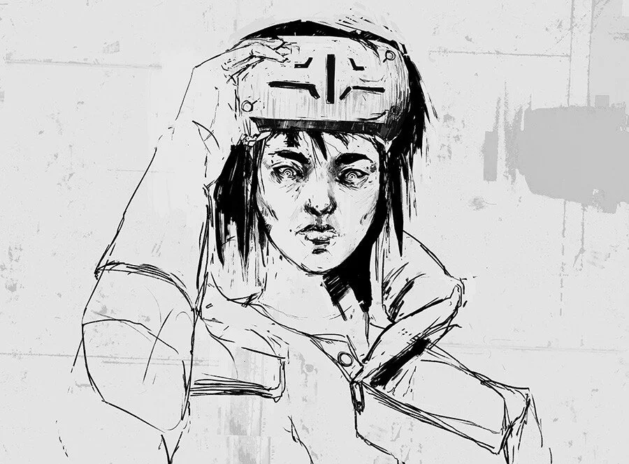 Drawing of a woman wearing a virtual reality headset, with a serious expression, against a textured background.