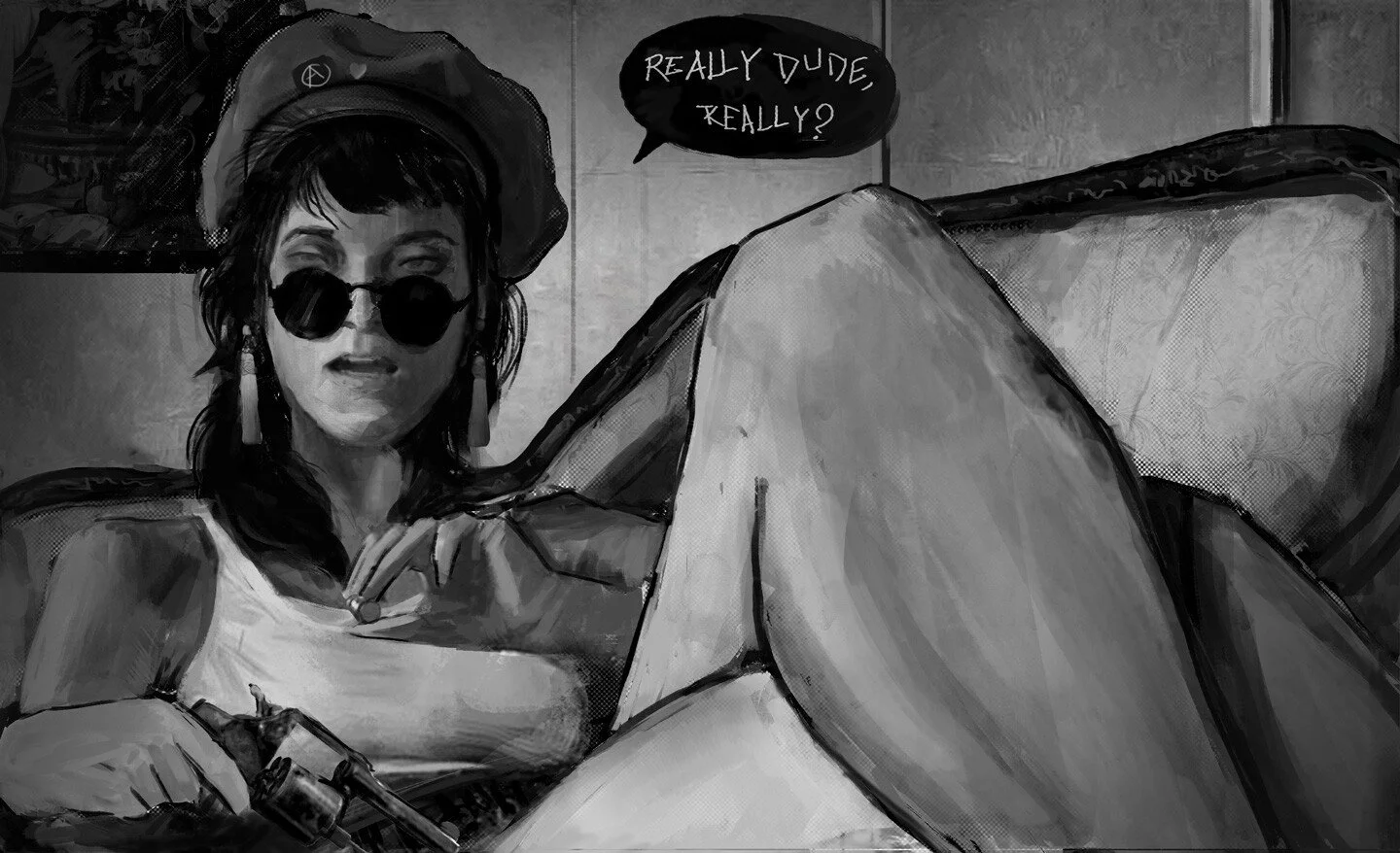 A black and white painting of a woman wearing sunglasses and a beret, sitting on a couch with her legs raised. She is holding a cigarette in her right hand. The woman is wearing earrings and a tank top. There is a speech bubble with the text "Really 