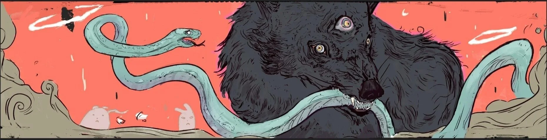 An illustration of a wolf with multiple eyes on its face, attacking a snake with its mouth open, set against a pink background with clouds of dust and flying debris.