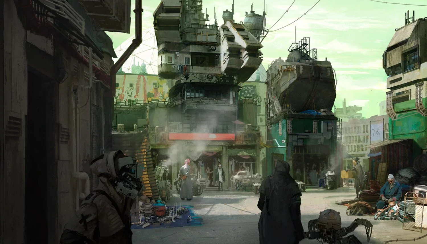 A dystopian city street scene with futuristic buildings and robots. Several humans are present, with some wearing hooded clothing. The atmosphere is grim, with muted colors and a foggy background.