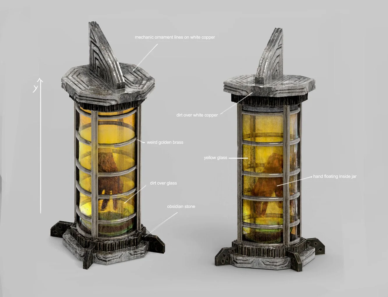 Two intricately designed display cases with yellow glass and various decorative elements, each containing a preserved insect specimen inside.
