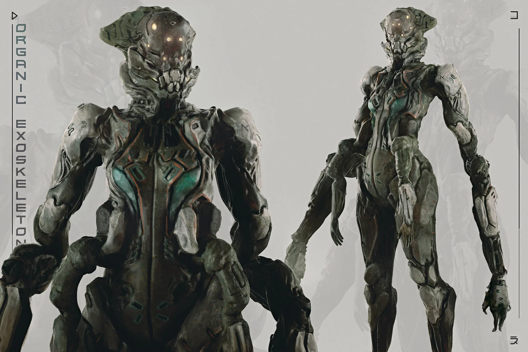 Two futuristic, humanoid robots with intricate armor and glowing eyes standing against a plain background