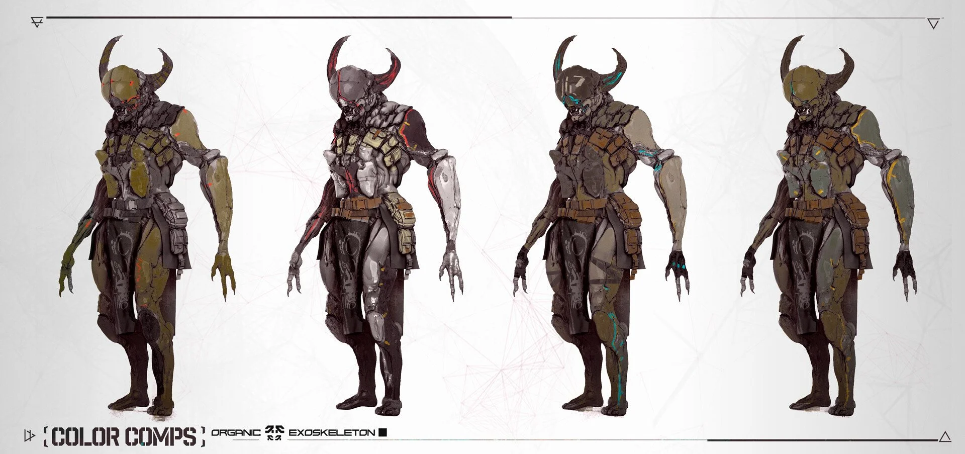 Four illustrated creature designs resembling humanoid demons with horns, armor, and different color patterns, labeled as 'Color Comps' and related to 'Organic Exoskeleton'.