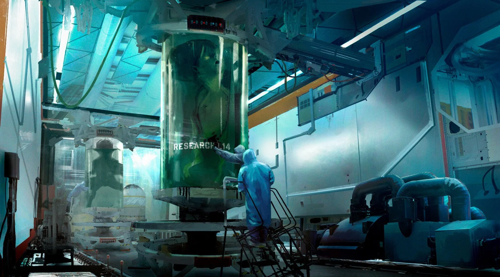Research scientists working in a high-tech laboratory with large cylindrical equipment and various machines.