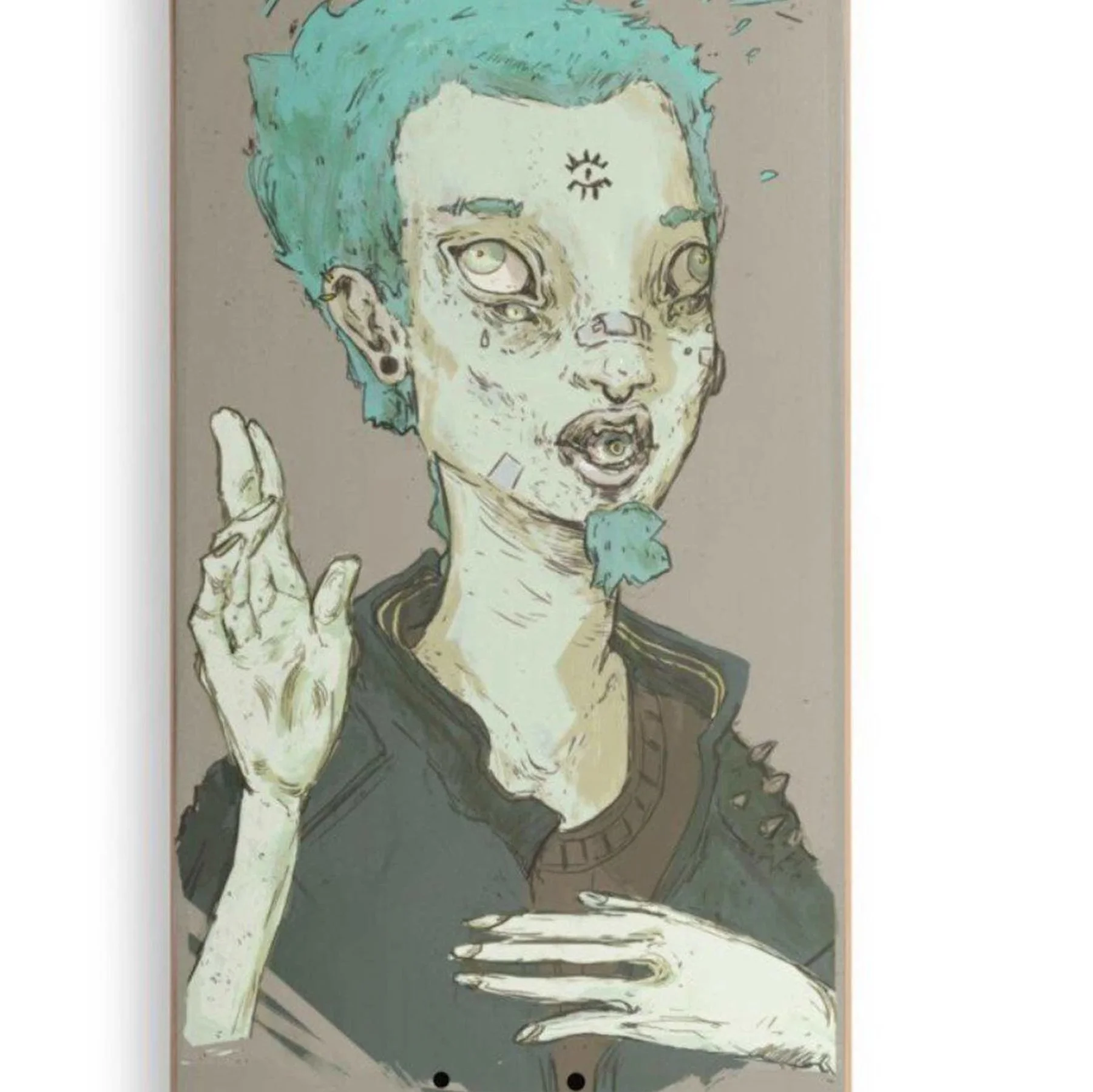 A surreal drawing of a person with pale skin, teal hair, multiple eyes on their face, and zombie-like features. The person is holding up a hand in a gesture and has a finger on their chest. The artwork has a, edgy, abstract style.