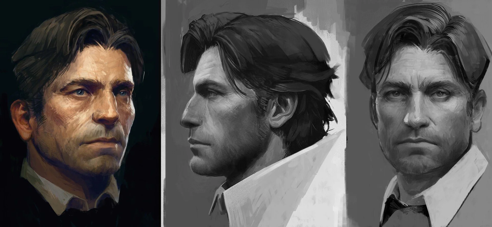 Three digital portraits of a man with dark hair, blue eyes, and a serious expression, shown from different angles, displayed side by side with different artistic styles in a monochrome and colored palette.