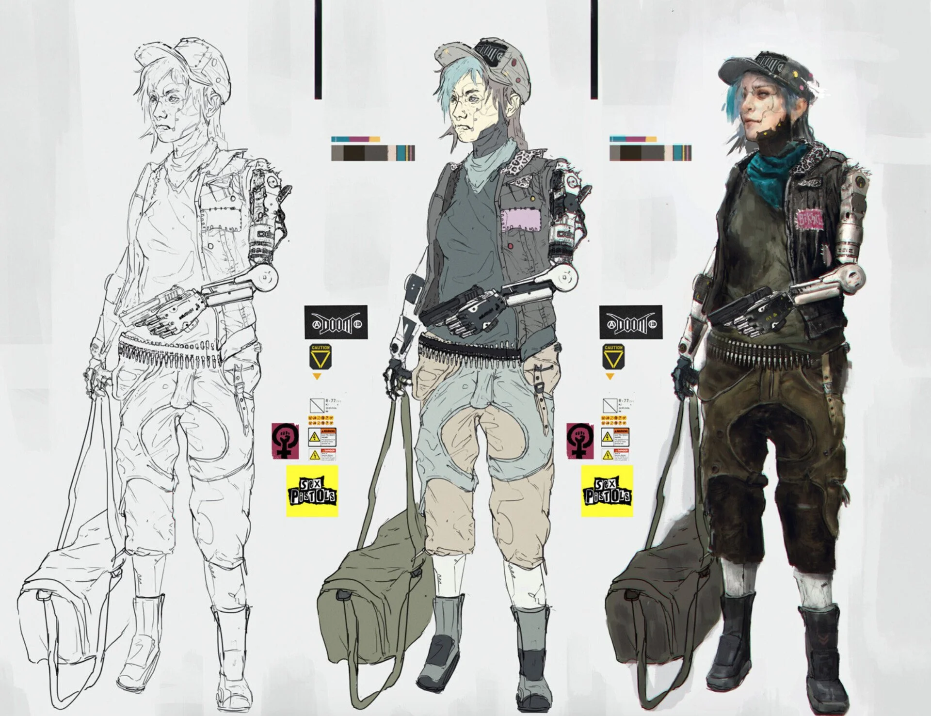 Comparison of three illustrations of a female cyborg character, from a line drawing on the left to a fully colored version on the right. The character has short hair, a cap, a tactical vest, mechanical arms, and holds a bag and a weapon, with various