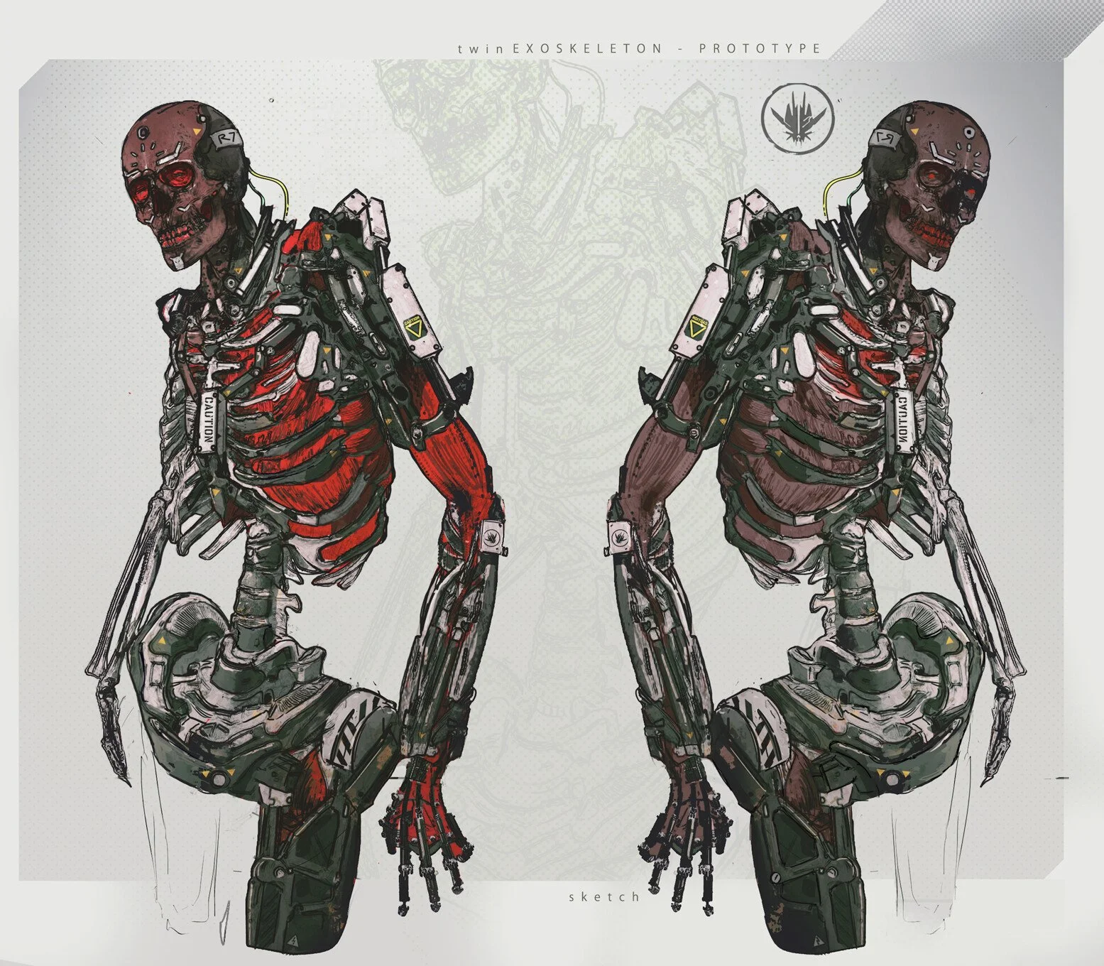 Drawing of twin exoskeleton skeleton prototypes with mechanical parts and human skulls, one with red accents and the other with darker tones, labeled as 'twinEXOSKELETON - PROTOTYPE'.