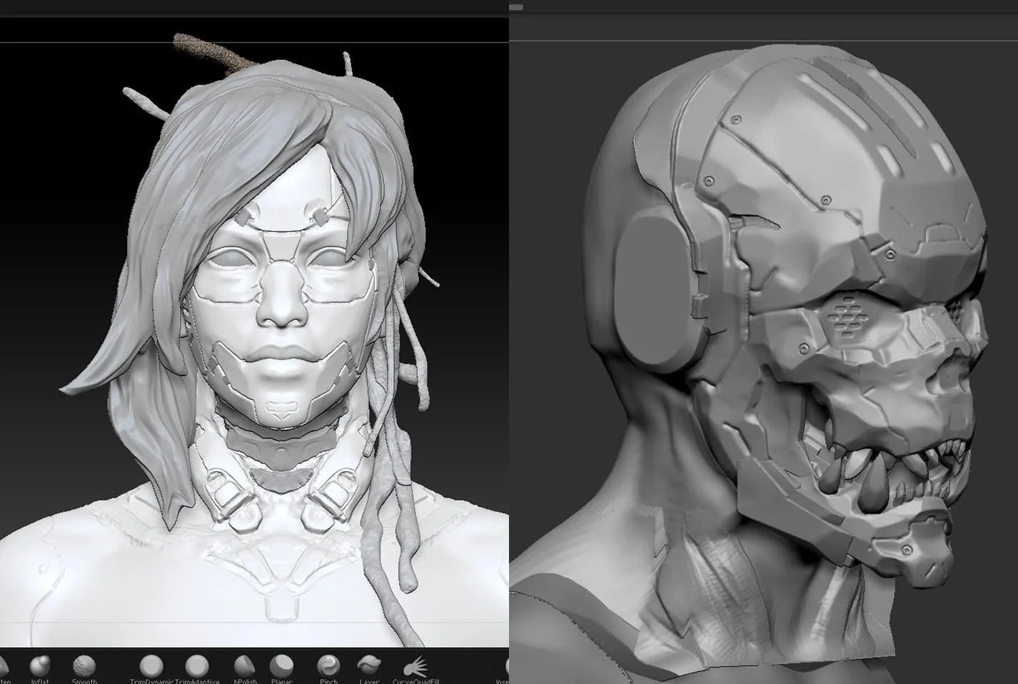 work in progress in zbrush featuring two robot busts, one more humanoid and another more abstract with a mechanized skull