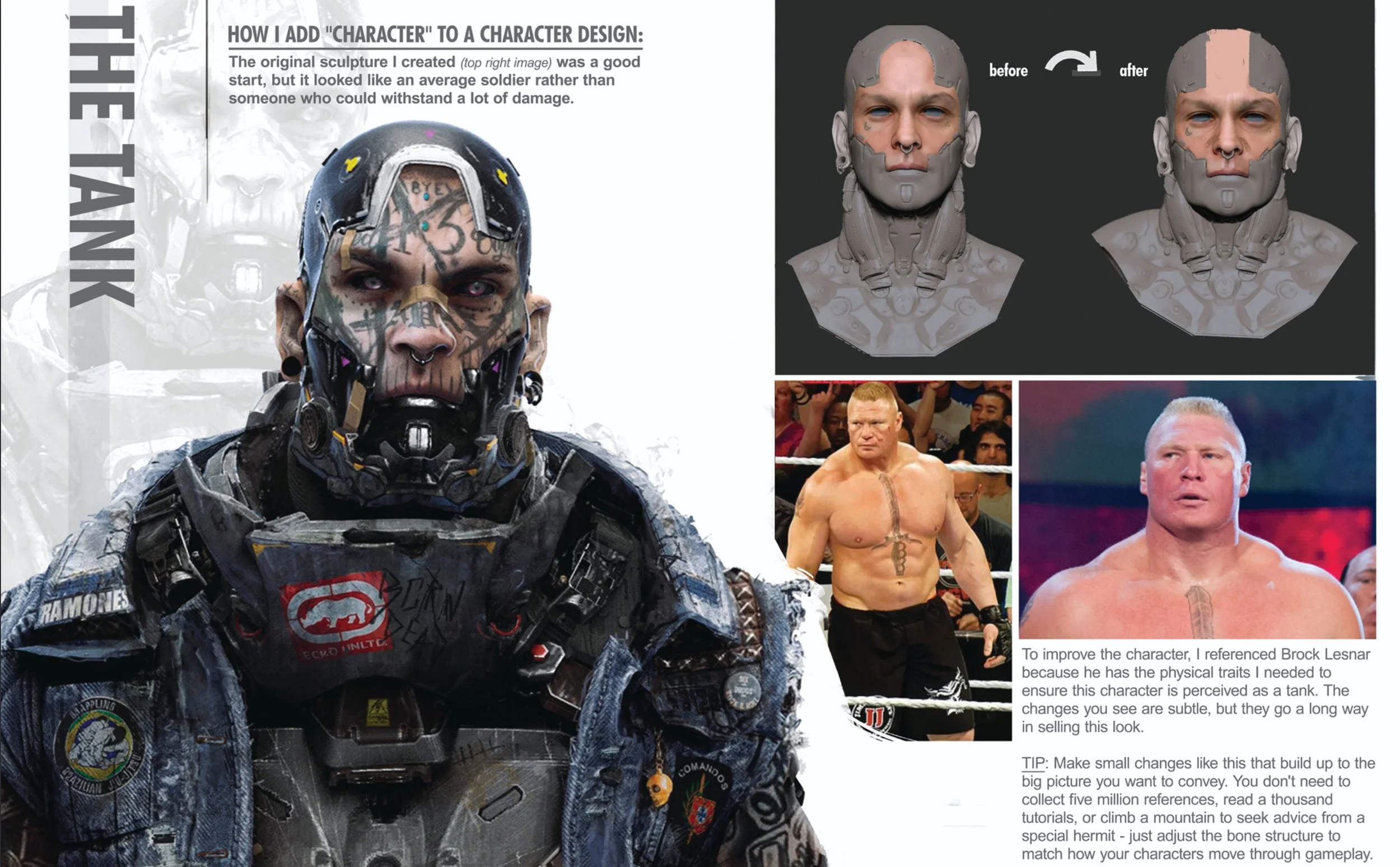 a page of the downloadable magazine, full of character design insights and how to make a tank character. Showing references of professional wrestlers, and zbrush concept art sculptures and how Miguel modified them to fit the concept