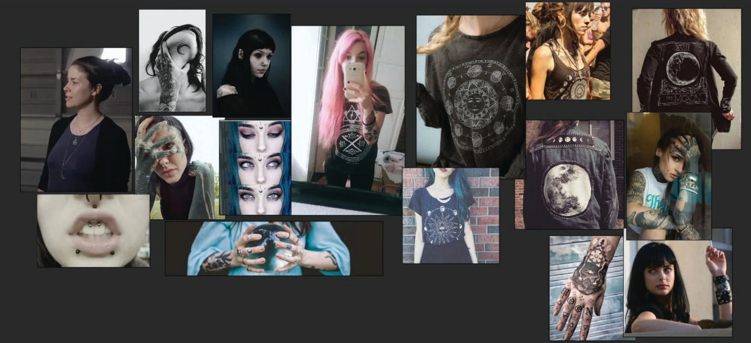 references used for the spellcaster, several alternative looking women dressing in black and tattoos, showcasing moon motifs