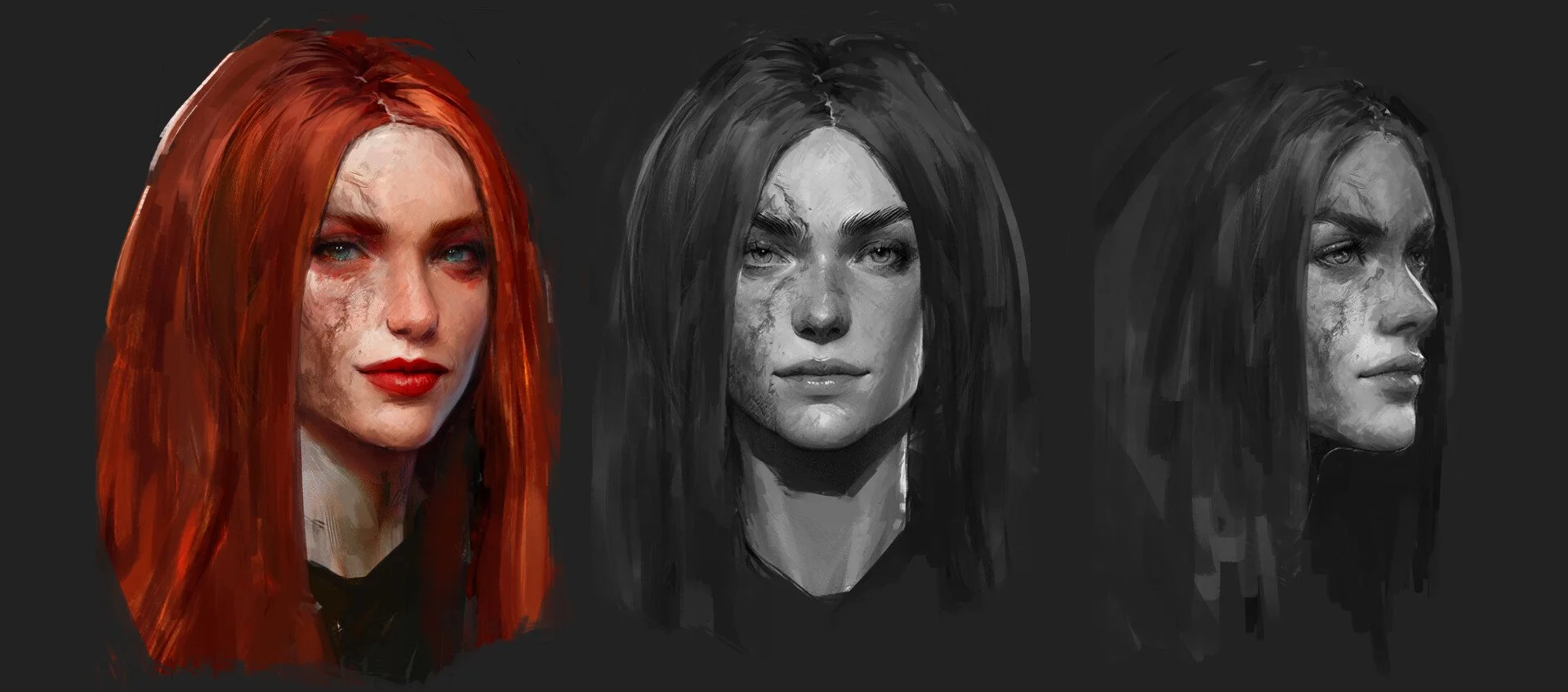Digital artwork of three female portraits in a row, with the first in color showing red hair and blue eyes, and the other two in black and white with different side profiles.