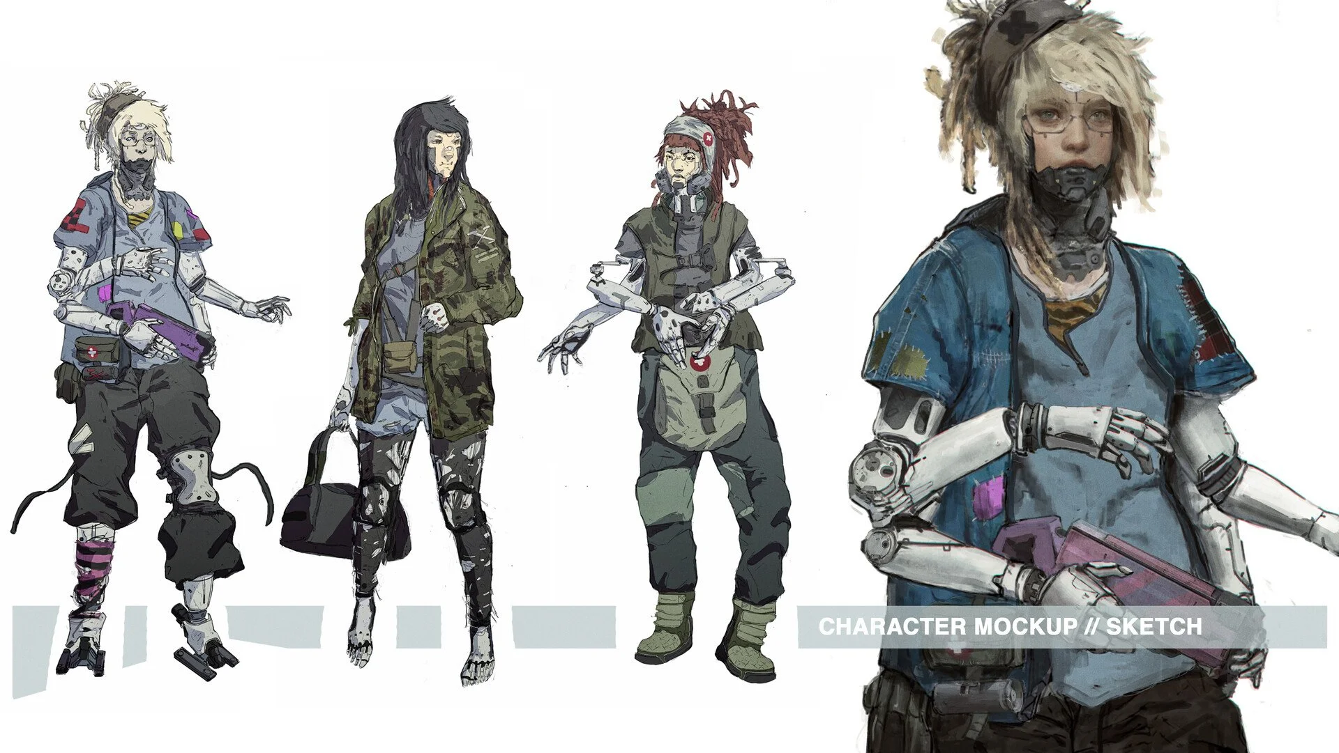 Concept art of five female characters with cybernetic and futuristic clothing, each with distinct styles and accessories, standing against a white background.