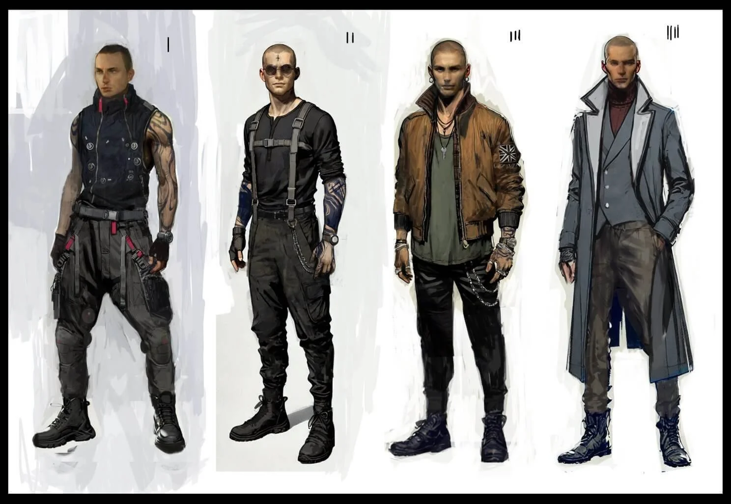 Illustration of four young men dressed in modern, edgy fashion with tattoos, piercings, and alternative hairstyles.