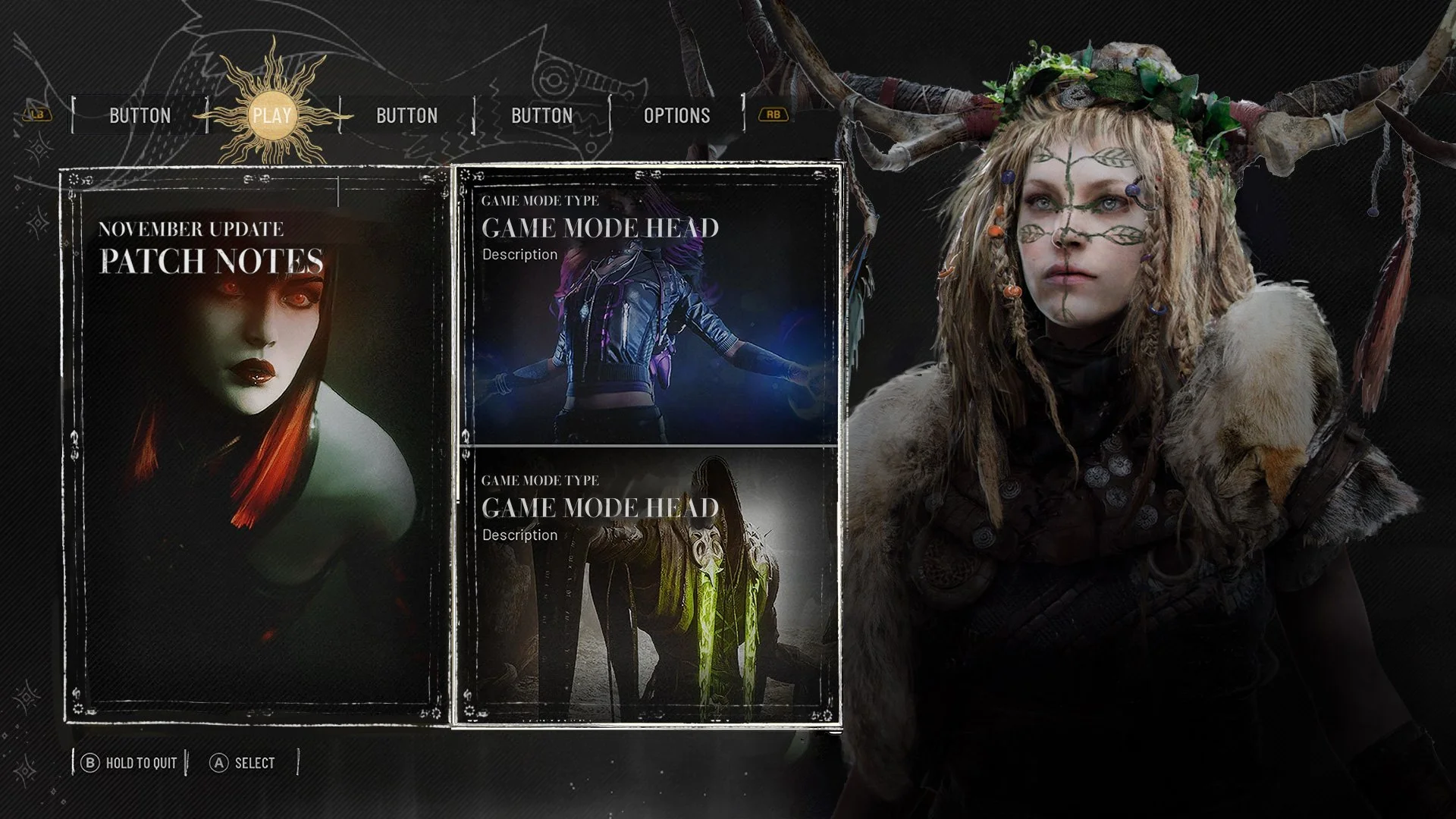 Video game menu screen showing July update patch notes and game mode options, featuring a character with a horned headdress and face paint on the right.