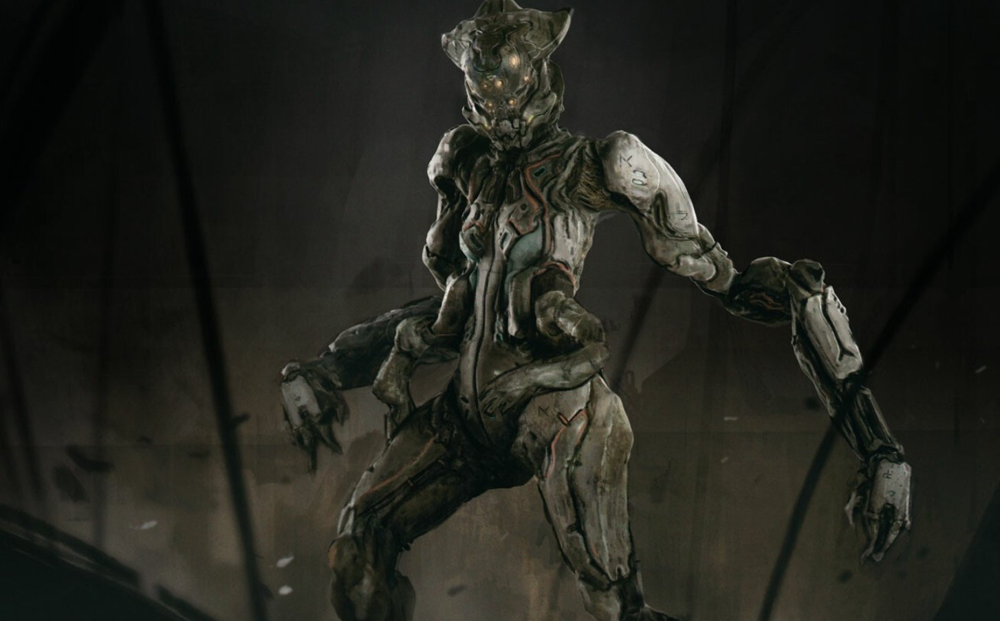 A large, humanoid creature made of metallic, robotic parts with glowing eyes, standing in a dark, industrial environment.