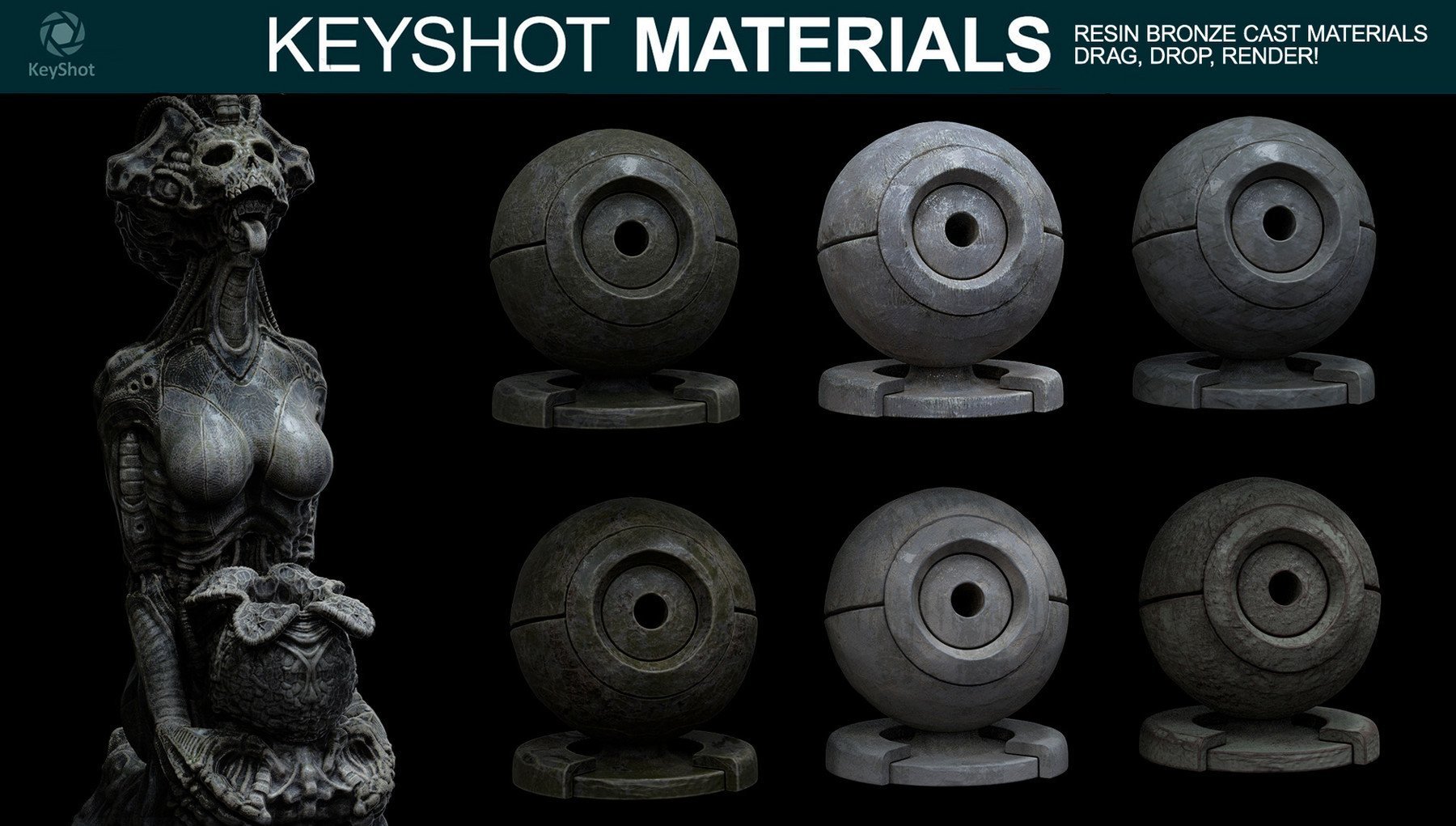 six keyshot materials showcasing bronze and resin. An alien statue to the left, symbolizing how creative one can be with such materials