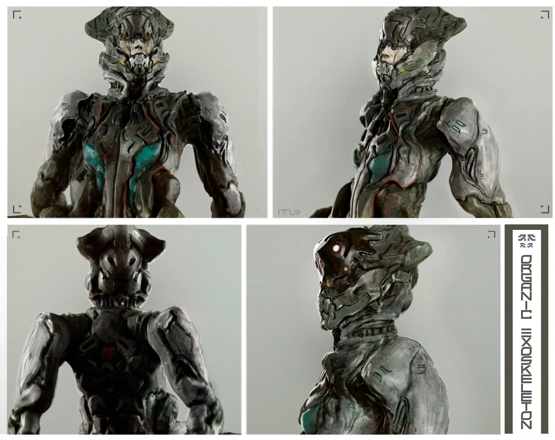 Four images of a futuristic humanoid robot from different angles. The robot has a sleek, armored design with a wolf or dog-like head, glowing eyes, and intricate mechanical details. The images display the front, side, and back views with a vertical l