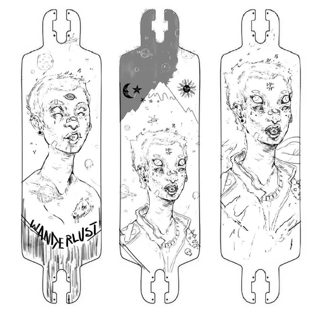 Sketch of three skateboard decks with artistic designs. The left deck features a portrait of a woman with the word "WANDERLUST" below. The middle deck has a mountain scene with celestial symbols and a smaller portrait of a woman. The right deck displ