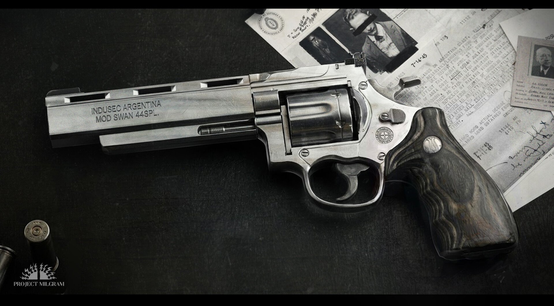 A silver semi-automatic handgun with a wooden grip, labeled 'INDUSEC ARGENTINA MOD SWAN 45 SPL,' resting on a black surface surrounded by ammunition, photographs, and documents.