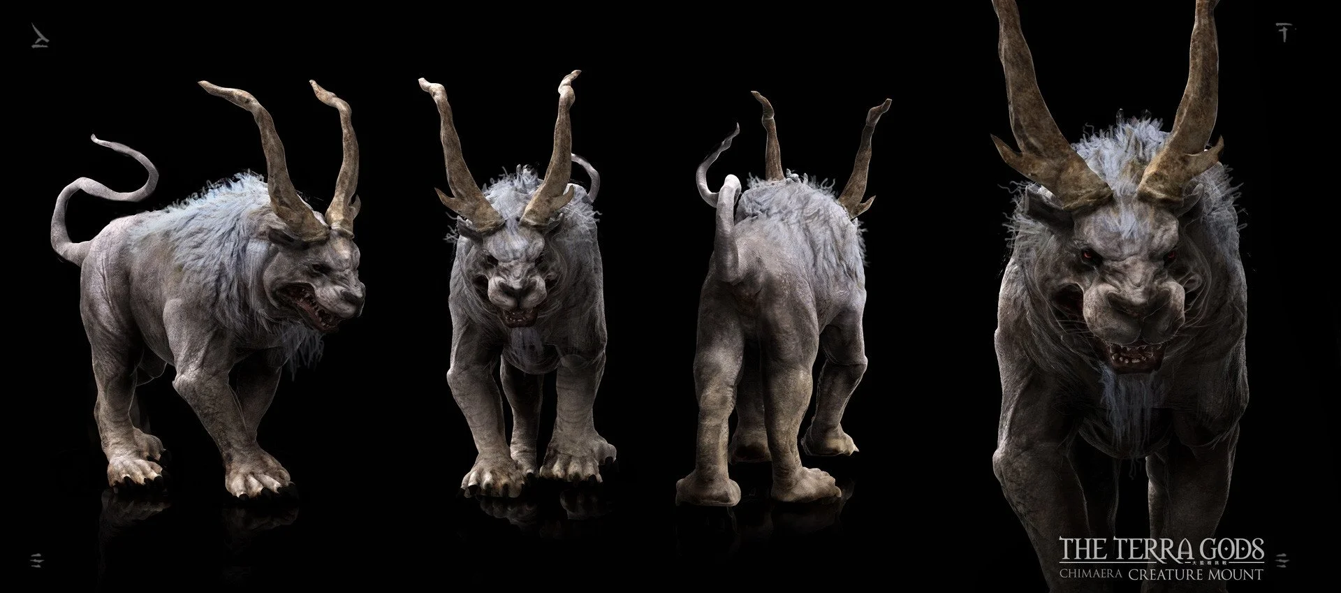 Four fantastical creatures with muscular bodies, large horns, and fierce expressions, set against a black background, with the text 'The Terra Gods: Chimaera Creature Mount' in the bottom right corner.