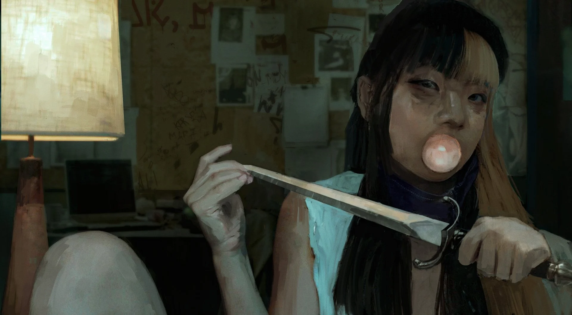 A woman with long dark hair holds a paintbrush near her shoulder, with bubbles around her lips. She is in a room with graffiti and photographs on the wall, and a lamp illuminating her face.