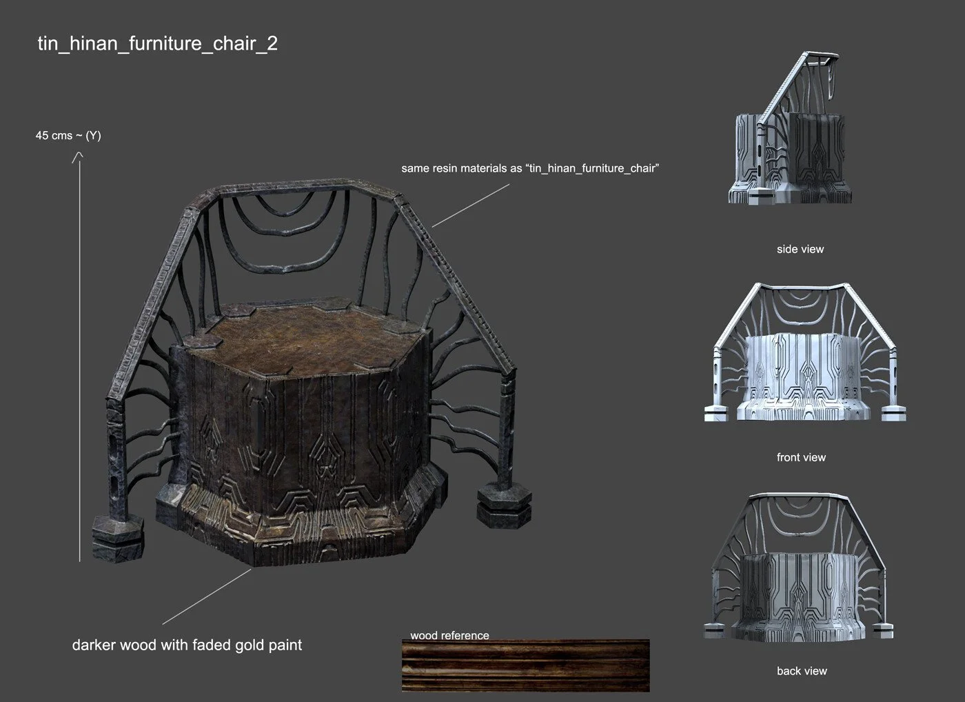 3D renderings of a modern chair design with geometric patterns, shown from side, front, and back views, with materials including darker wood with faded gold paint and resin.