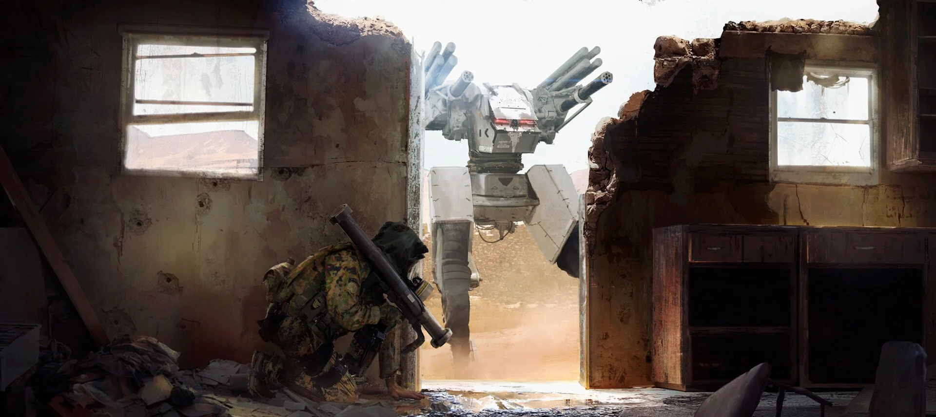 A soldier in camouflage gear kneels inside a dilapidated building, aiming a rocket launcher through a doorway at a large military robot outside. The building has broken walls, dust, and two dirty windows.
