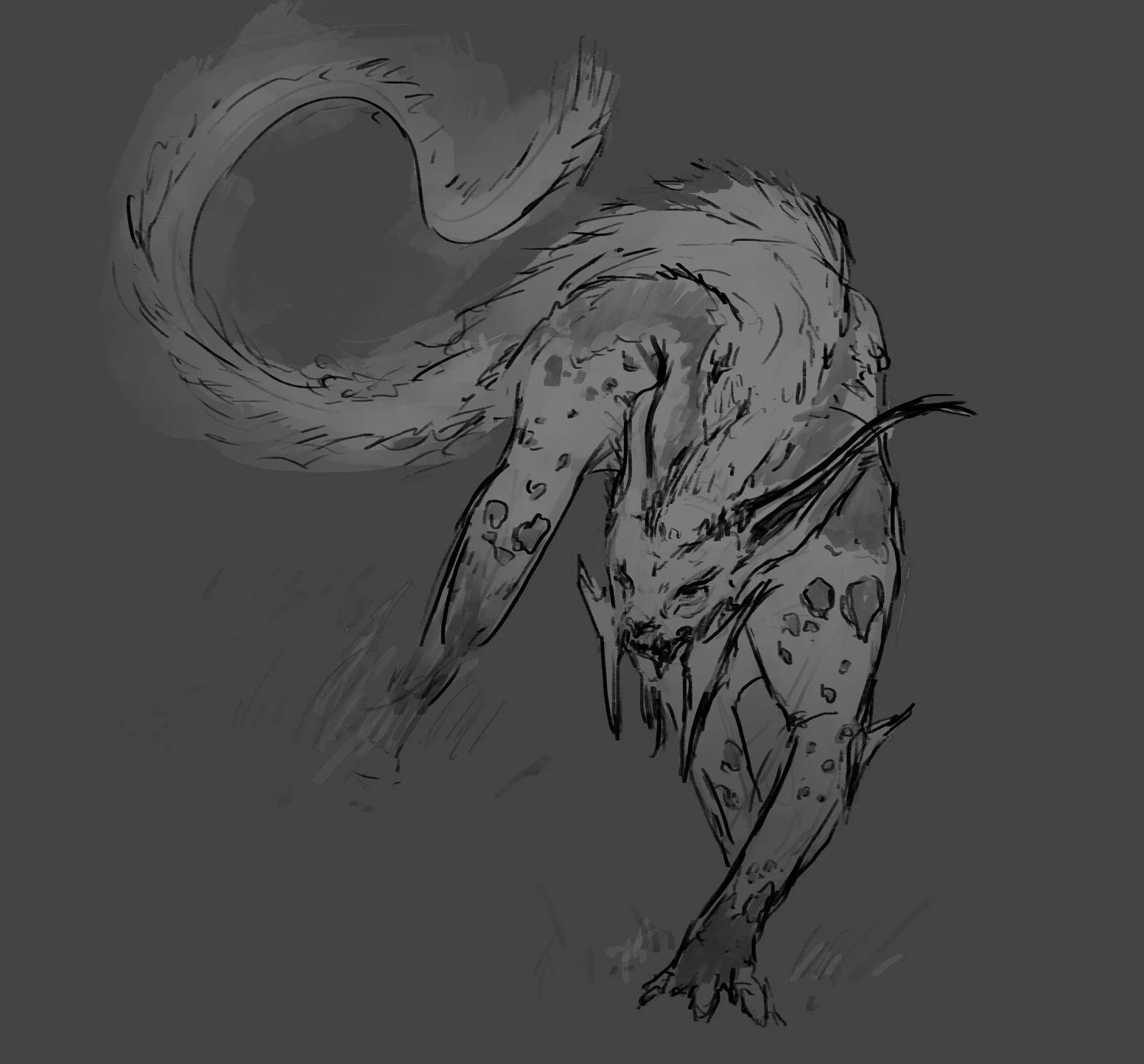 A grayscale sketch of a mythical creature with a feline face, elongated limbs, spotted fur, and a long, curled tail, on a dark background.