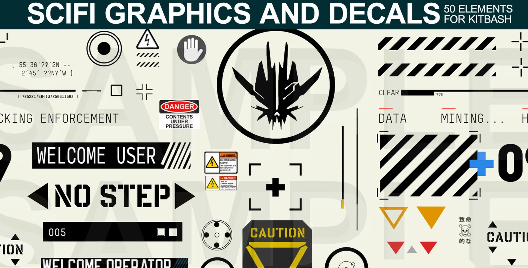 A sci-fi-themed digital graphic design with various futuristic symbols, warning signs, and text elements, including a central dragon skull, welcome message, caution signs, and traffic-like indicators, styled as a high-tech interface.