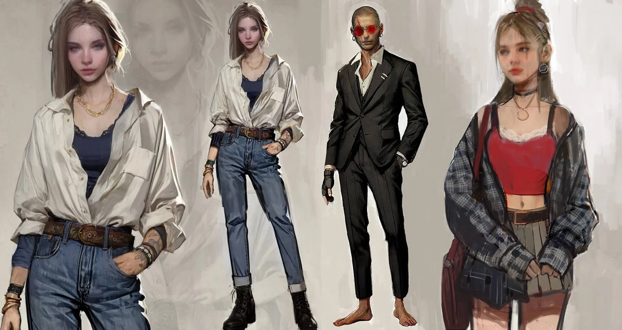 Illustration of four young women and one man in various casual and edgy fashion outfits, standing against a plain background.