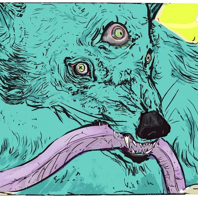 Illustration of a wolf with an exaggerated, fierce expression, showing sharp teeth and a long tongue, in a cartoon style with bright colors.
