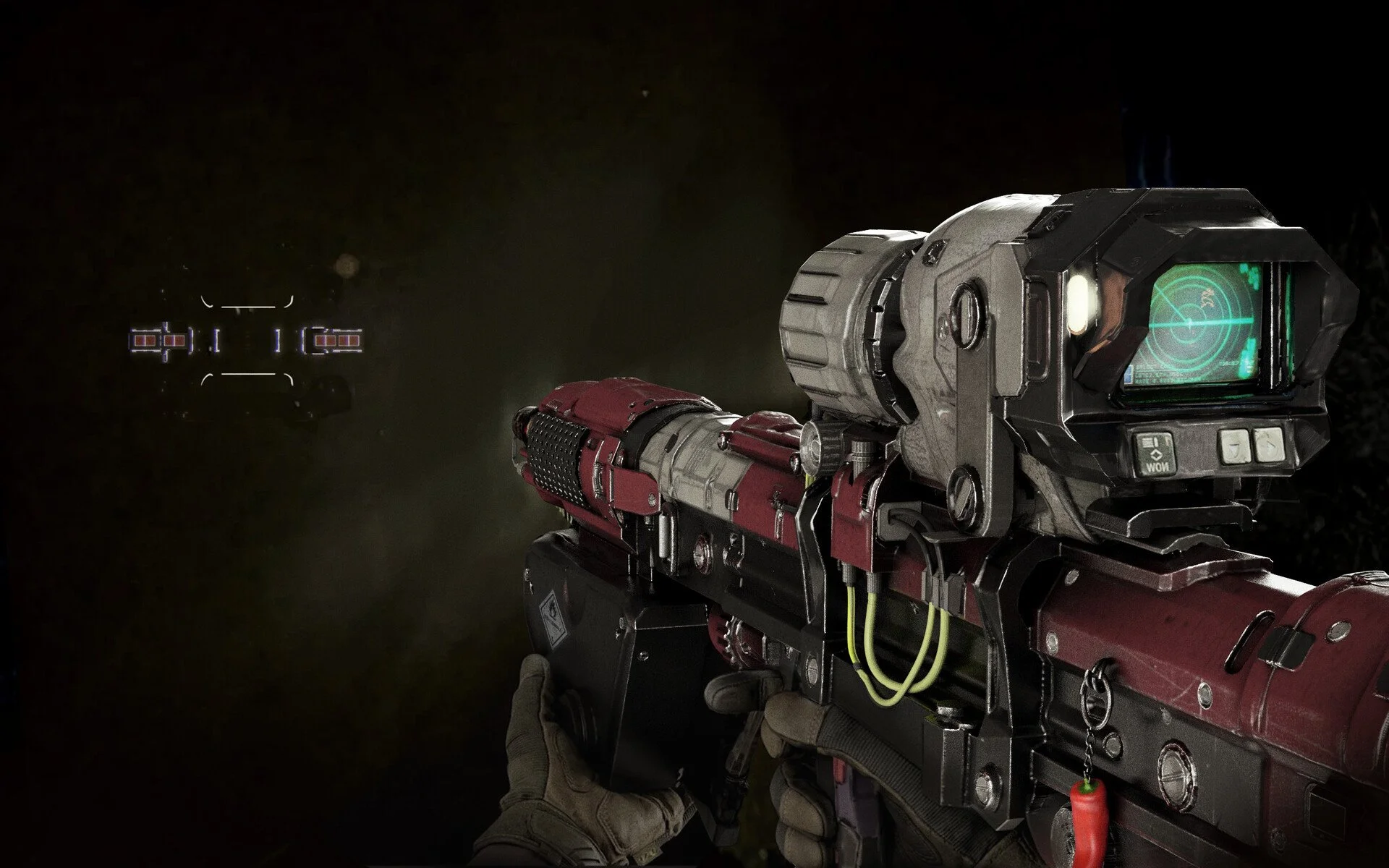 First-person view of a soldier aiming a futuristic weapon with a digital targeting display in space, against a dark background.