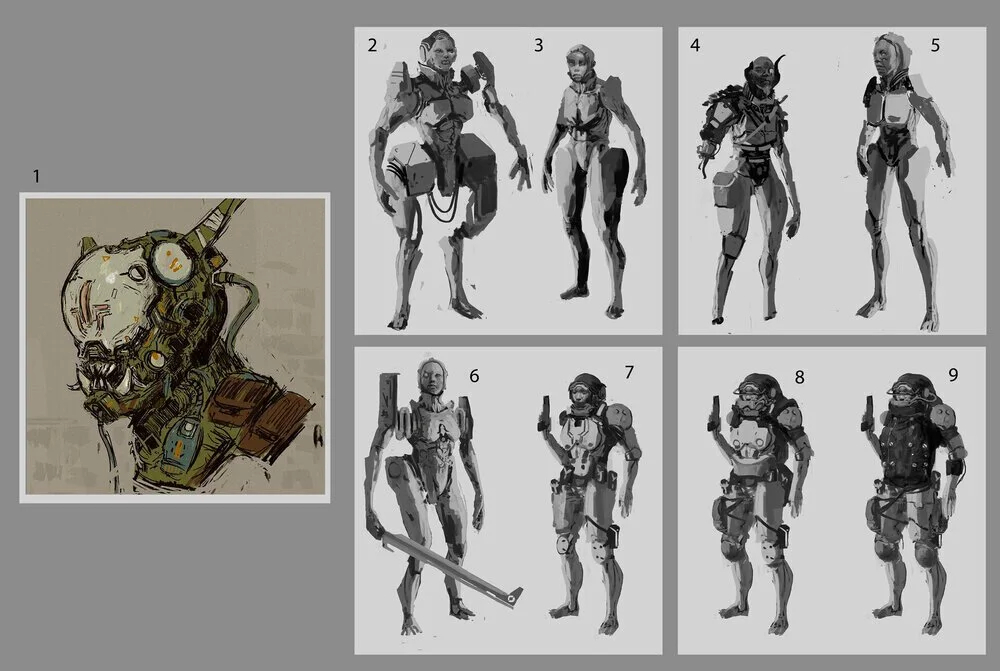 Collection of character concept art featuring futuristic soldiers and a robotic creature. The top left features a detailed sketch of a robotic creature with a skull-like head and armor. The other images show various futuristic soldiers in different p