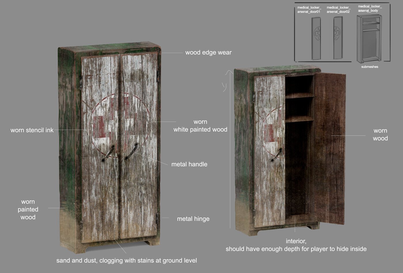 Image of a rustic wooden cabinet with two doors, showing signs of wear and tear with worn paint, stain markings, and sand/dust at the bottom. The cabinet features metal handles, a metal hinge, and a worn stencil ink design on the front. An interior v