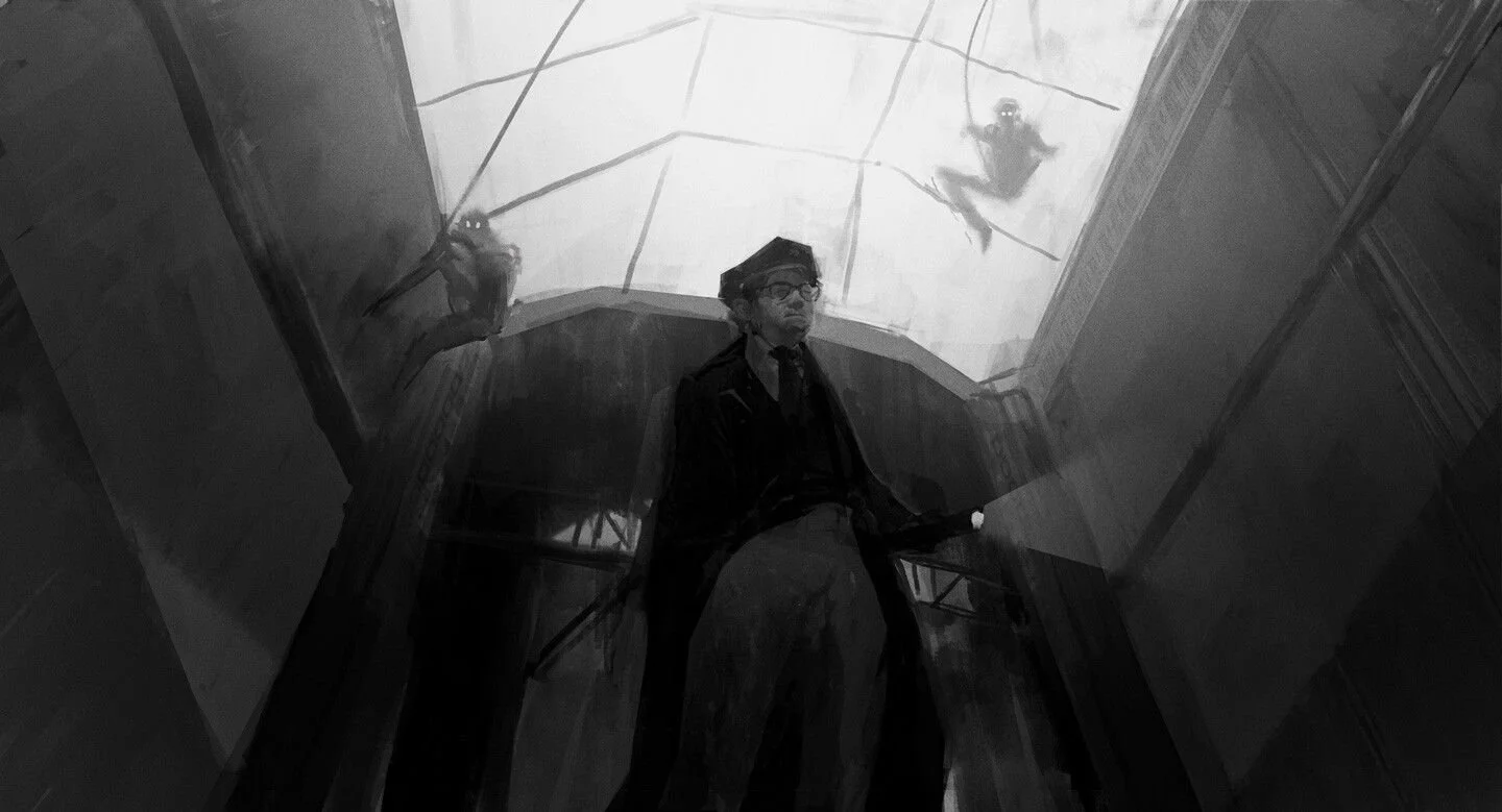 film still concept art of a security guard being jumped on by museum heisters
