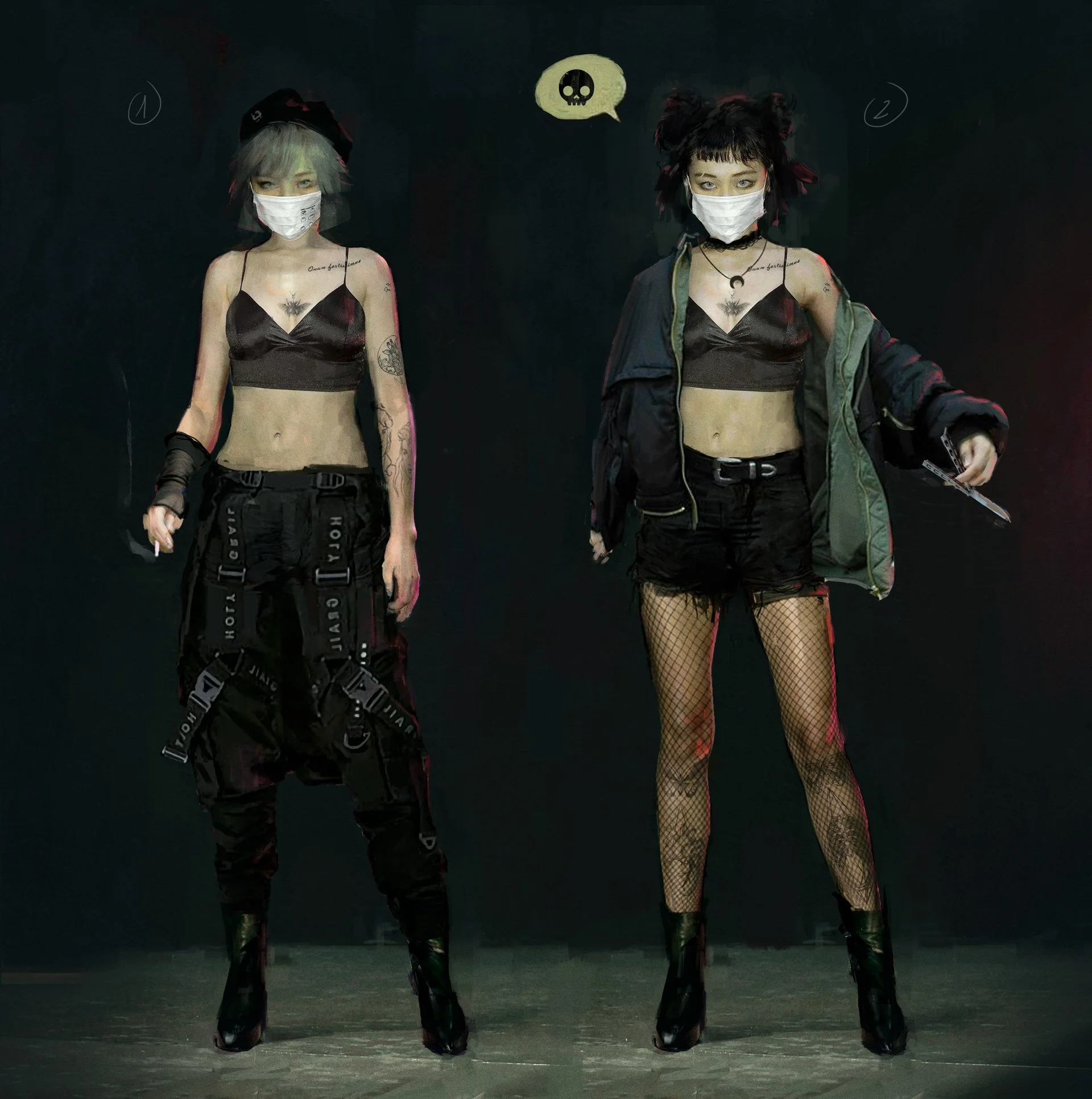 Two young women standing against a black background, both wearing black masks, crop tops, shorts, and high-heeled boots. The woman on the left has short, ash blonde hair and tattoos, while the woman on the right has black hair styled in pigtails with