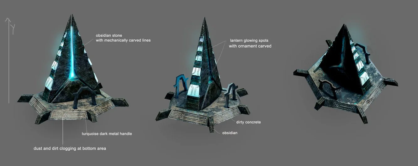 Three different views of a sci-fi pyramid-like structure with glowing blue lines, dark metal, and engraved details, labeled with features like obsidian stone, glowing spots, dark concrete, and dirt or dust buildup.