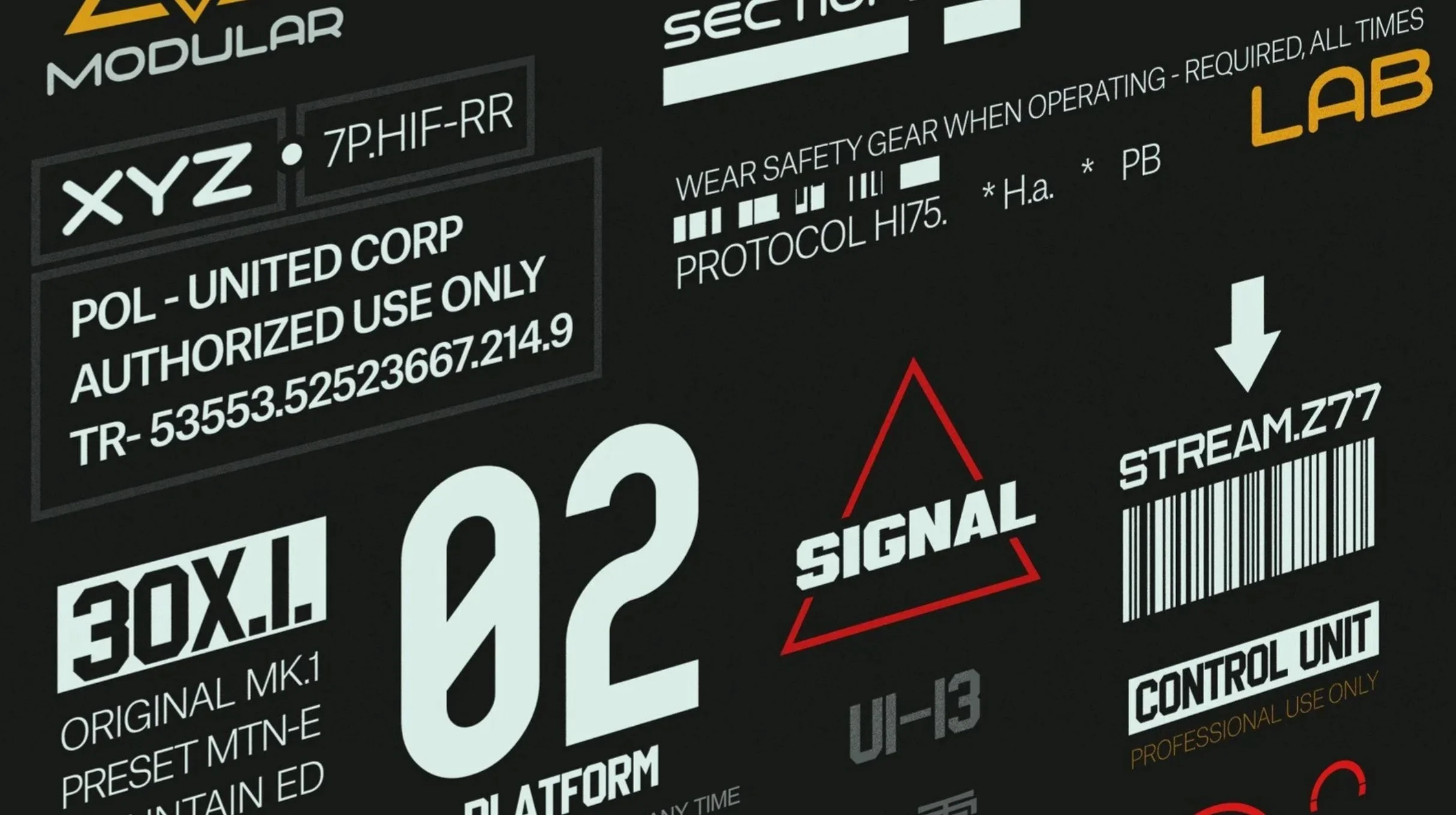 Close-up of a digital control panel with various labels, warning signs, barcodes, and technical instructions related to equipment or machinery.