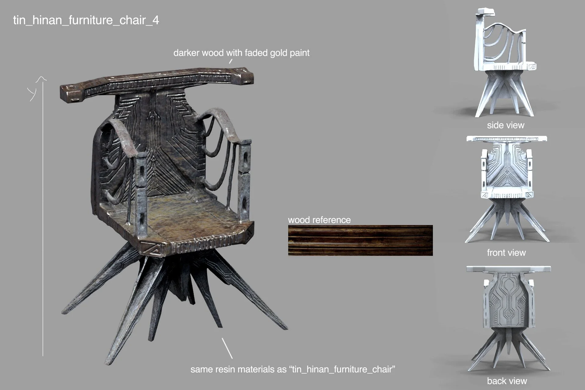 A 3D-rendered furniture chair made of wood, with a dark wood finish and faded gold paint, featuring spiked legs, armrests, and back support, shown from side, front, and back views. The design includes intricate carvings and a reference to wood grain.