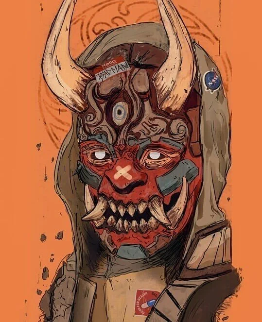 A digital illustration of a monstrous creature with horns, a single eye on the forehead, and sharp teeth, wearing a hoodie and with patches, set against an orange background.