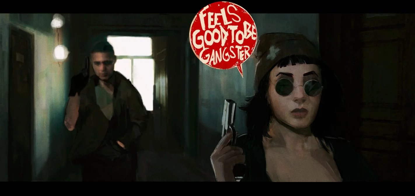 A woman with dark hair, sunglasses, and a hat holding a gun and a speech bubble that reads 'FEELS GOOD TO BE GANGSTER'; in the background, a man stands in a dimly lit hallway.